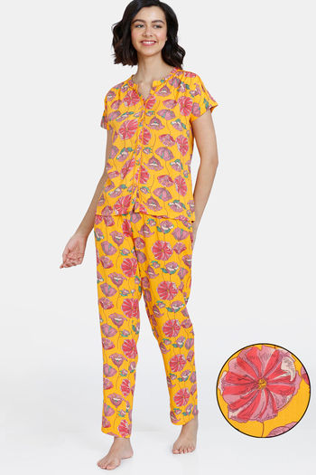Buy Zivame Blotched Bloom Woven Pyjama Set - Solar Power